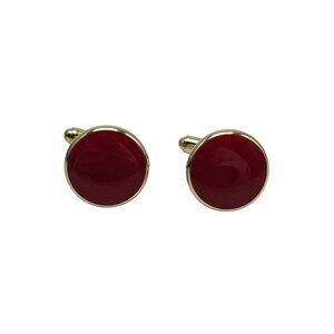 Gold Tone Cufflinks With Red Enamel Round Design Mid Century